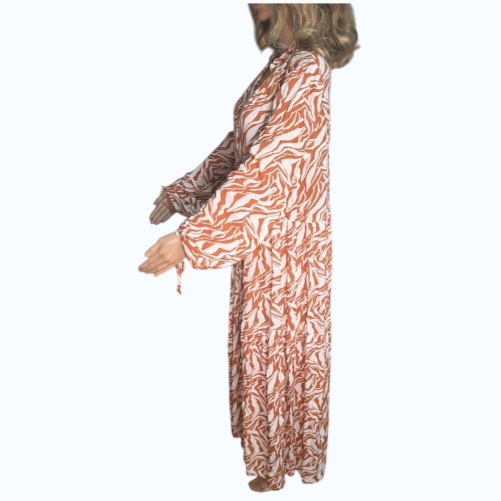 FRESHA London Daphine Maxi Dress Orange White Zebra Tiered Boho L/S V-Neck SZ: M - Picture 3 of 9